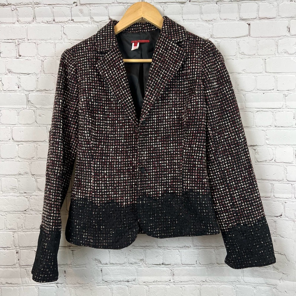Tape Measure Plaid Tweed Blazer with Black Lace Detail 6